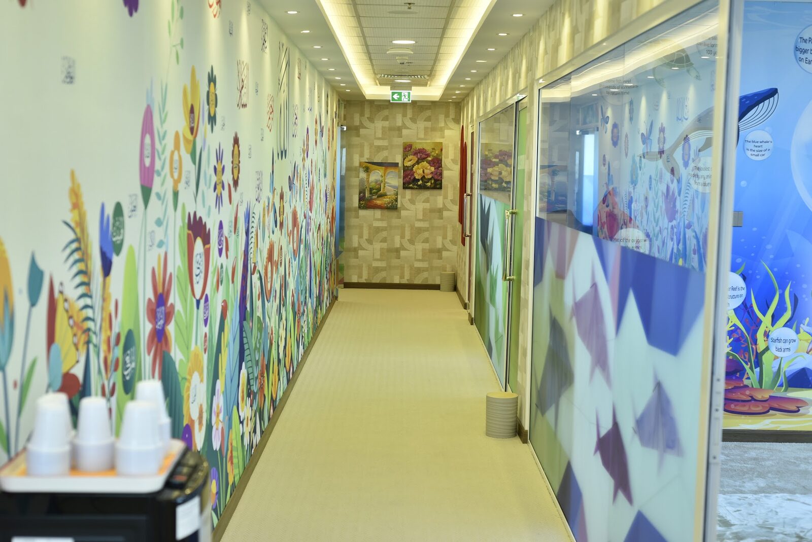 Corridor with floral wall art beside an ocean-themed classroom window