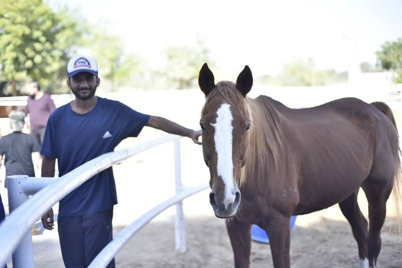 Young man petting a chestnut horse over the paddock rail