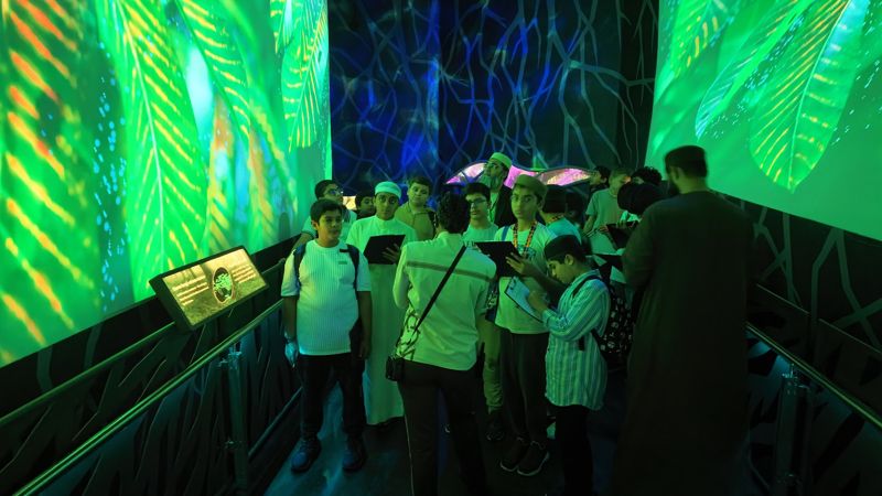 Students on the walkway surrounded by giant leaf projections