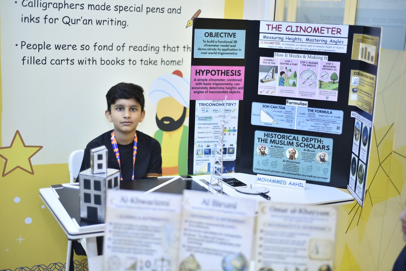 Student presenting his clinometer and trigonometry math project